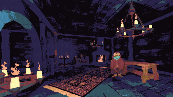 A red-hooded small creator stands in a dark cellar like place with lots of candles and a chimney in the back.